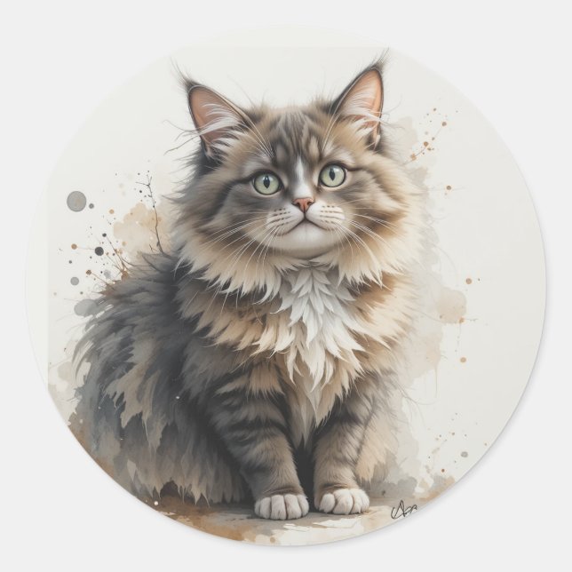 Fun Long Haired Tabby Cat Kitten Pet Animal Classic Round Sticker (Front)