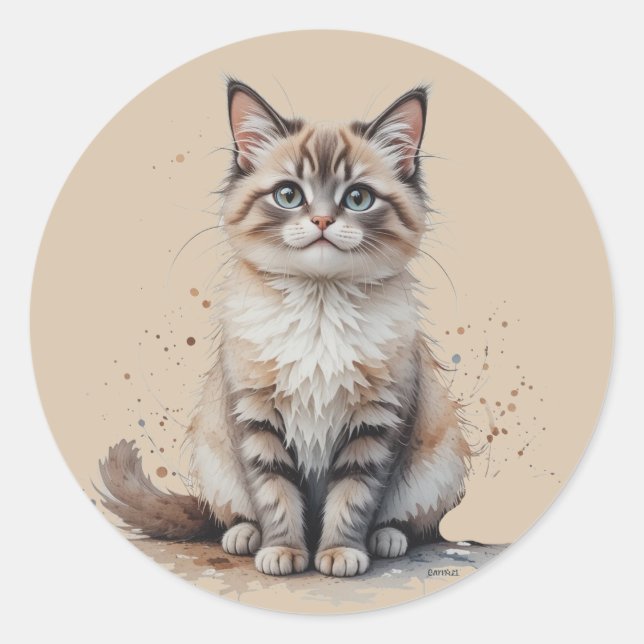 Fun Long Haired Tabby Cat Kitten Pet Animal Classic Round Sticker (Front)