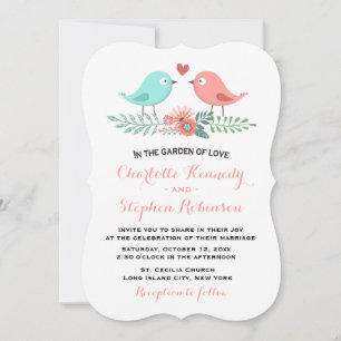Fun Love Birds Pink and Blue Floral Wedding Invitation