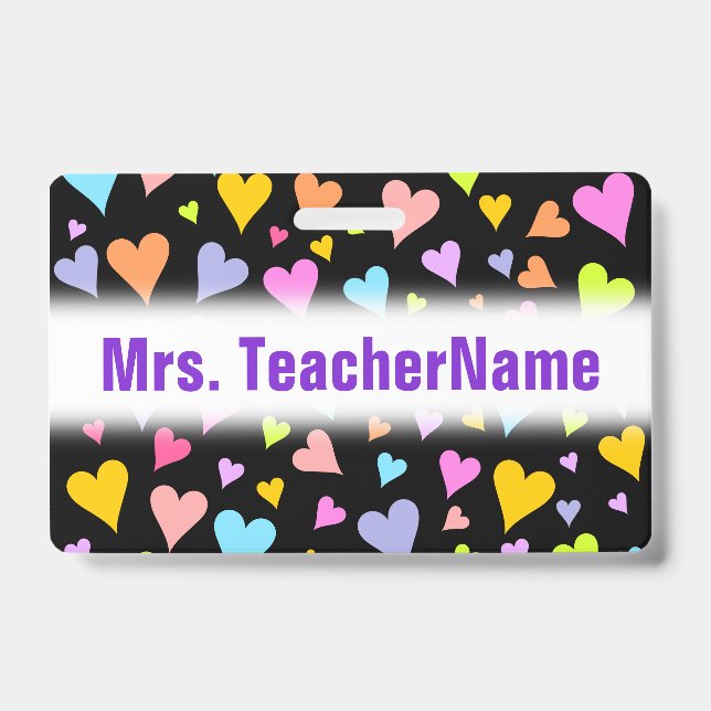 Fun, Loving, Colorful Hearts Pattern + Custom Name ID Badge (Front)
