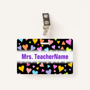 Fun, Loving, Colorful Hearts Pattern + Custom Name ID Badge