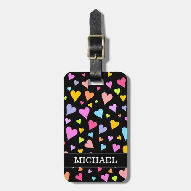 Fun, Loving, Colourful Hearts Pattern + Custom Luggage Tag (Front Vertical)
