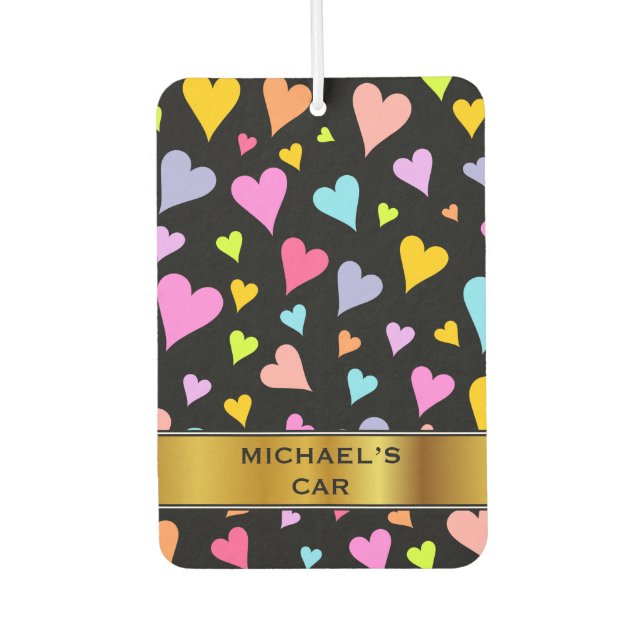 Fun, Loving, Colourful Hearts Pattern & Custom Nam Car Air Freshener (Front)