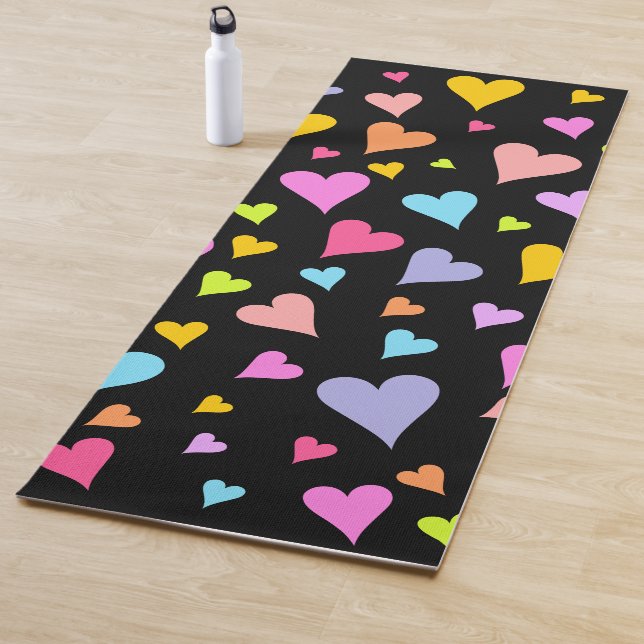 Fun, Loving, Colourful Hearts Pattern Yoga Mat (In Situ)