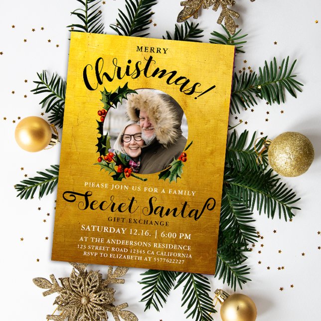 Fun Luxury Glam Gold Merry Xmas Secret Santa Photo Invitation (Creator Uploaded)