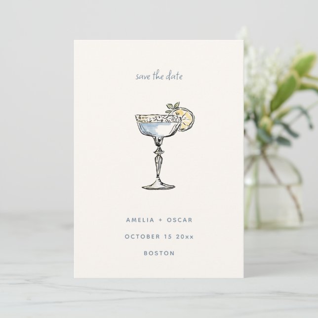 Fun Margarita Cocktail Drawing Blue Wedding Save The Date (Standing Front)