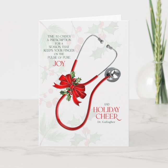 Fun Medical Puns with Stethoscope Joy Custom Name Holiday Card (Front)