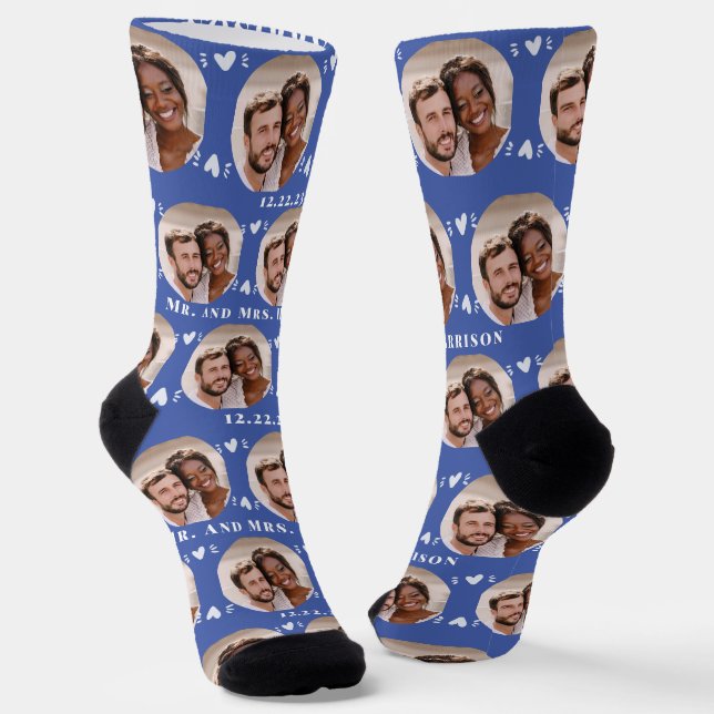 Fun Medium Blue Newlyweds Photo Pattern Socks (Angled)