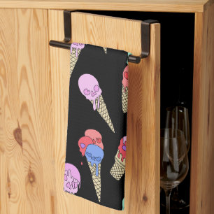 Fun Melty Summer Goth Skull Ice Cream pastel black Tea Towel