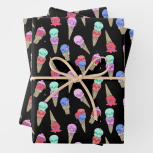 Fun Melty Summer Goth Skull Ice Cream pastel black Wrapping Paper Sheet