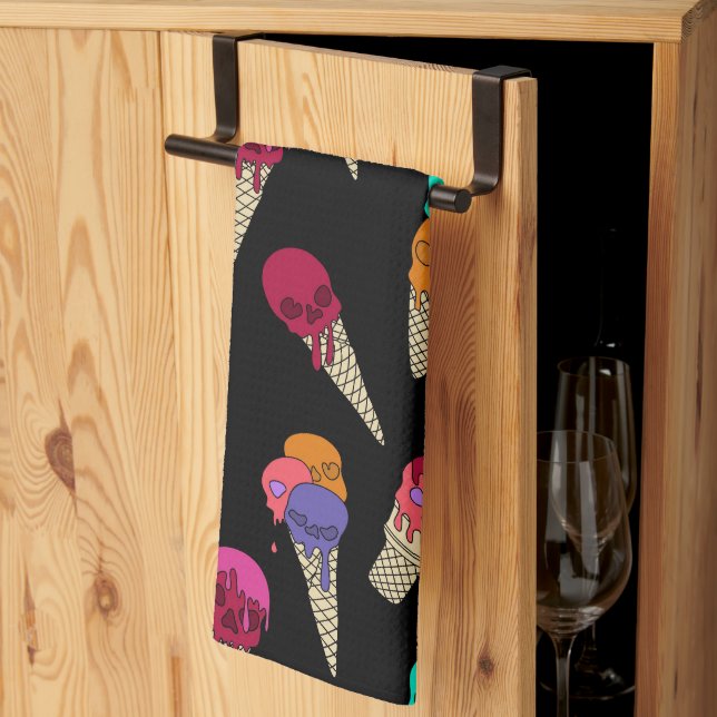 Fun Melty Summer Goth Skull Ice Cream weird black Tea Towel (Thirds Fold)