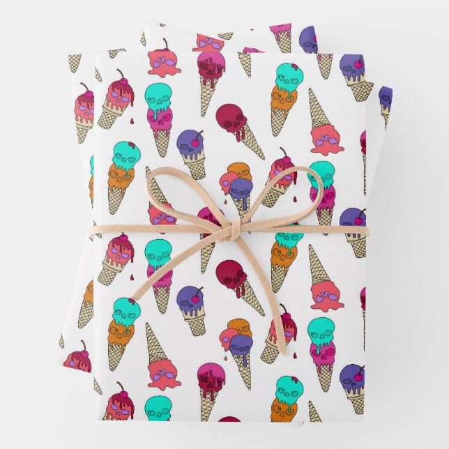 Fun Melty Summer Goth Skull Ice Cream weird white Wrapping Paper Sheet (In situ)