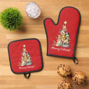 Fun Meowy Catmas Cats Christmas Tree Custom Oven Mitt & Pot Holder Set