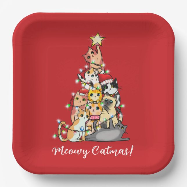 Fun Meowy Catmas Cats Christmas Tree Custom Paper Plate (Front)