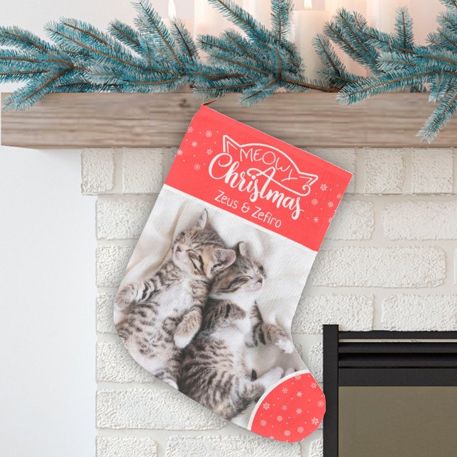 Fun meowy Christmas cat photo name red & white Small Christmas Stocking (Creator Uploaded)
