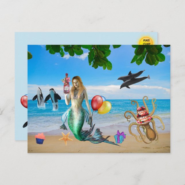 Fun Mermaid on the Beach Birthday PostCard (Front/Back)