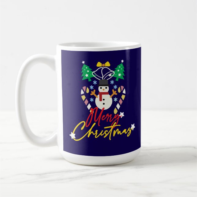Fun Merry Christmas Design with Bell, Trees  Coffee Mug (Left)