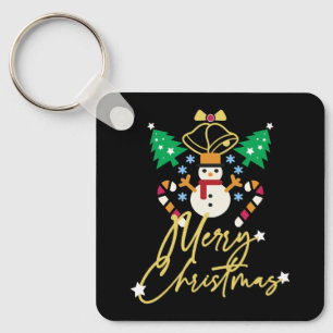 Fun Merry Christmas Design with Bell, Trees Key Ring
