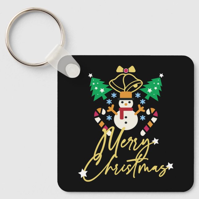 Fun Merry Christmas Design with Bell, Trees  Key Ring (Front)