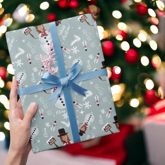 Fun merry Christmas illustration photo snowman Wrapping Paper (Fun merry Christmas illustration photo snowman Wrapping Paper on ice blue)