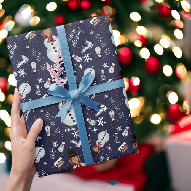 Fun merry Christmas illustration photo snowman Wrapping Paper (Fun merry Christmas illustration photo snowman Wrapping Paper on navy blue)