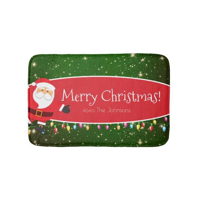 Fun Merry Christmas Santa Last Name Red and Green Bath Mat (Front)