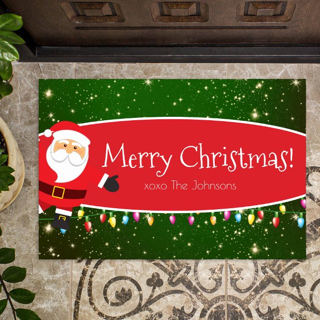 Fun Merry Christmas Santa Last Name Red and Green Doormat (Creator Uploaded)