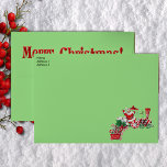 Fun Merry Christmas Santa on Candy Train Letters<br><div class="desc">This envelope is green with a fun Santa Claus riding a red and white train with peppermint candy wheels carrying candy canes and letters to Santa.  Back flap has Merry Christmas text in bold red.  Customise your return address on the front with the template.</div>