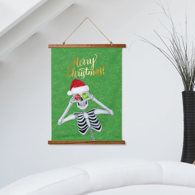 Fun Merry Christmas Skeleton Green Gold Santa Hat Hanging Tapestry (Merry Christmas skeleton red Santa hat shiny ornaments on green with gold flecks tapestry wall art.)
