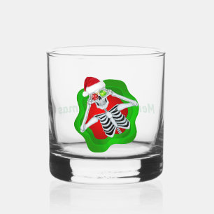 Fun Merry Christmas Skeleton in Red Green Splatter Whiskey Glass