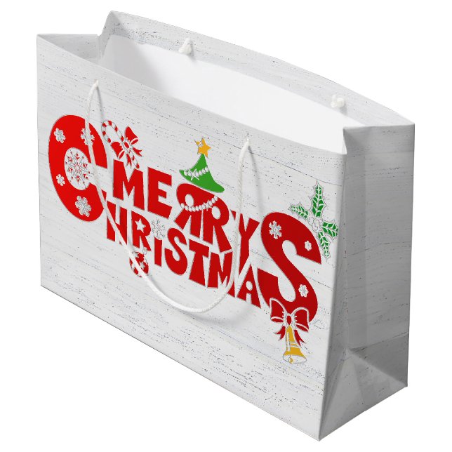 Fun Merry Christmas Text On Whitewashed Wood Large Gift Bag (Back Angled)