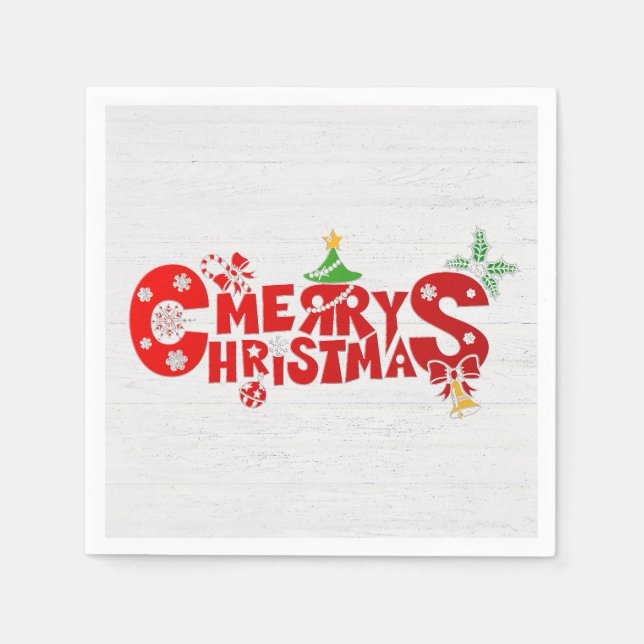 Fun Merry Christmas Text On Whitewashed Wood Napkin (Front)