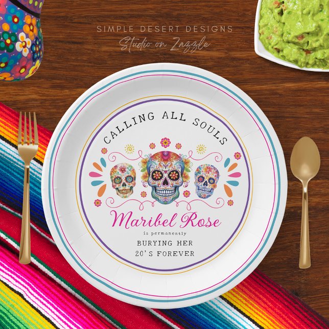 Fun Mexican Fiesta Calavera Sugar Skull Birthday Paper Plate (White calling all souls colorful mexican fiesta sugar skulls birthday party paper plates)
