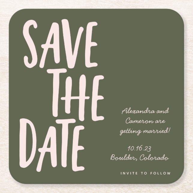 Fun Minimalist Green Pink Wedding Save The Date Square Paper Coaster (Front)