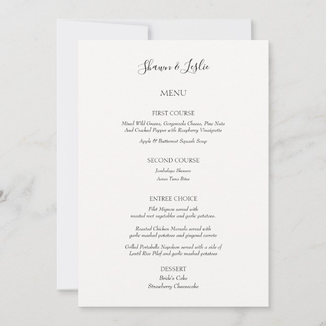 Fun Minimalist Wedding Three Course Menu Invitation (Front)