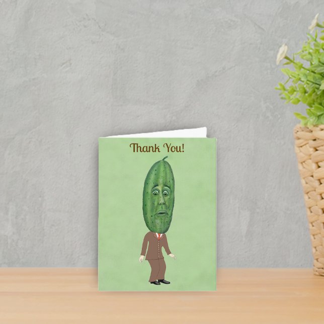 Fun Mister Pickle Head Man Brown Suit on Green Thank You Card (Fun Mr Pickle head man with a face wearing a brown suit on a green Thank You card.)