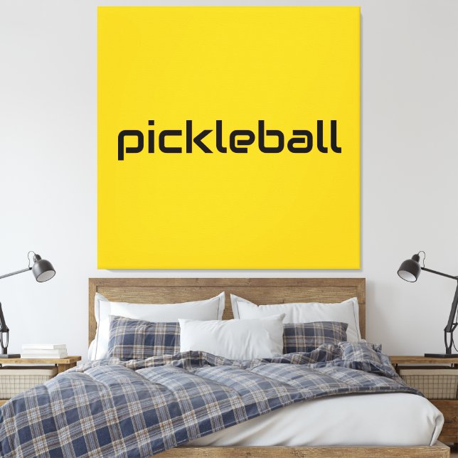 Fun Modern Black PICKLEBALL Text On Bright Yellow Canvas Print (Insitu(Bedroom))