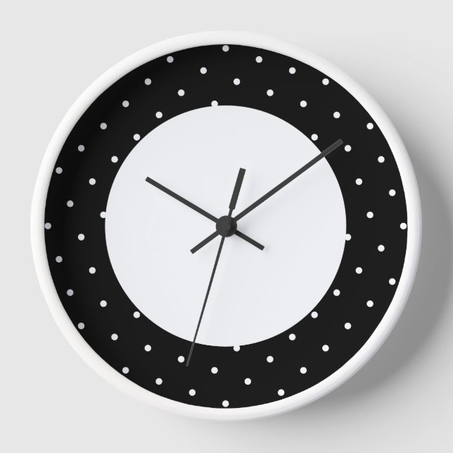 Fun Modern Black Polka Dotted Outer Rim On White Clock (Front)