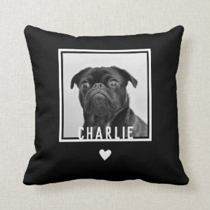 Fun Modern Black White Pug Heart Dog Photo Name Cushion