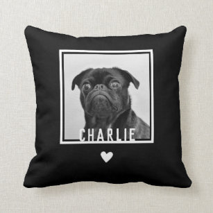 Fun Modern Black White Pug Heart Dog Photo Name Cushion