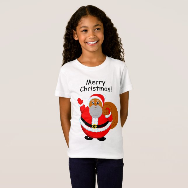Fun modern cartoon of a jolly Black Santa Claus, T-Shirt (Front Full)