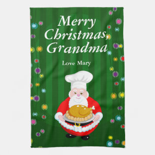 Fun modern cartoon, Santa Claus dressed as a chef, Tea Towel