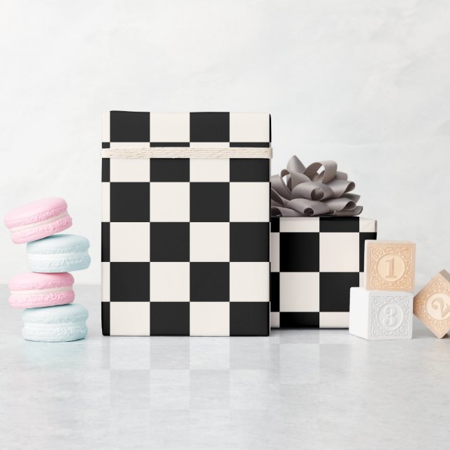 Fun Modern Chequered Black & Cream Wrapping Paper (Baby Shower)