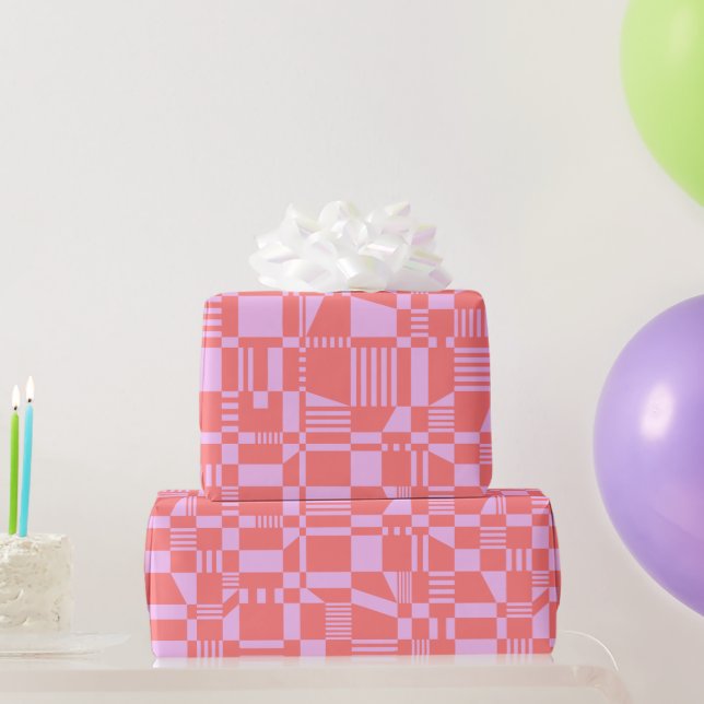Fun Modern Chequered Coral & Lilac Wrapping Paper (Party Gifts)