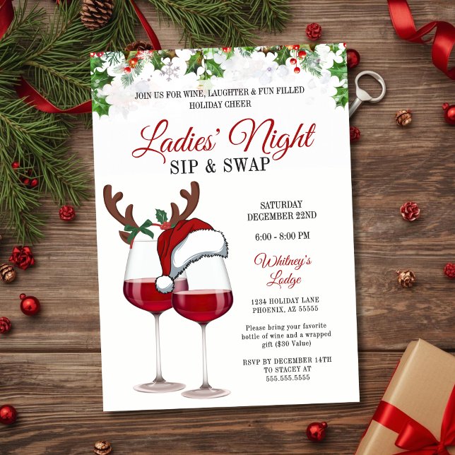 Fun Modern Christmas Sip & Swap Cocktail Party Invitation (fun Christmas Party Invitation with 2 wine glasses for ladies night sip and swap cocktail party)