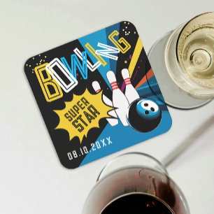 Fun Modern Colourful Blue Strike Bowling Star Part Square Paper Coaster