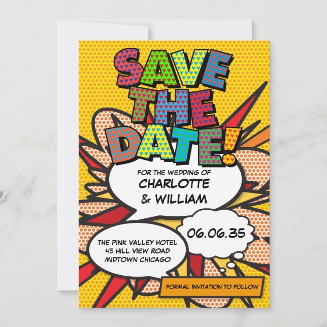 Fun Modern Colourful Comic Book Wedding Save The Date (Front)