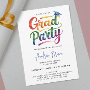 Fun Modern Colourful Grad Party Brush Paint Script Invitation