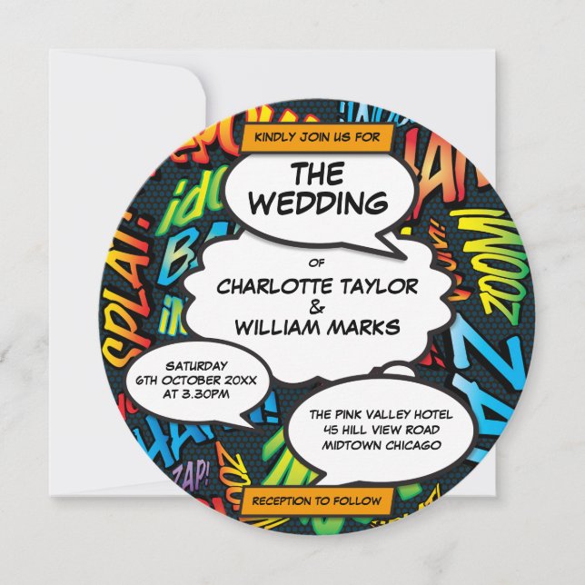 Fun Modern Comic Book Circle Wedding Invitation (Front)