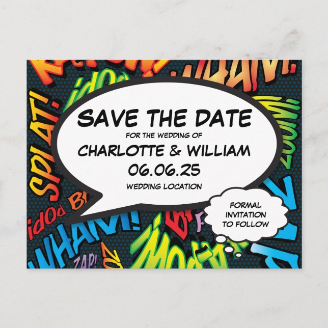 Fun Modern Comic Book Save the Date Wedding  Postcard (Front)
